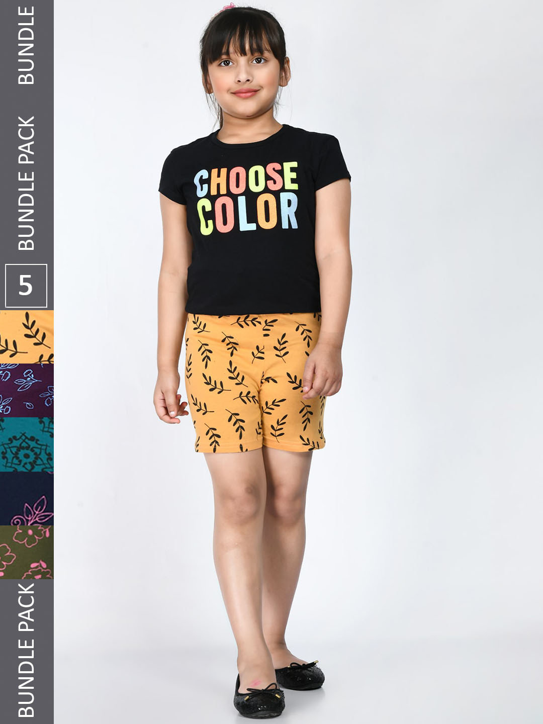 

IndiWeaves Girls Pack Of 5 Floral Printed Pure Cotton Shorts, Yellow