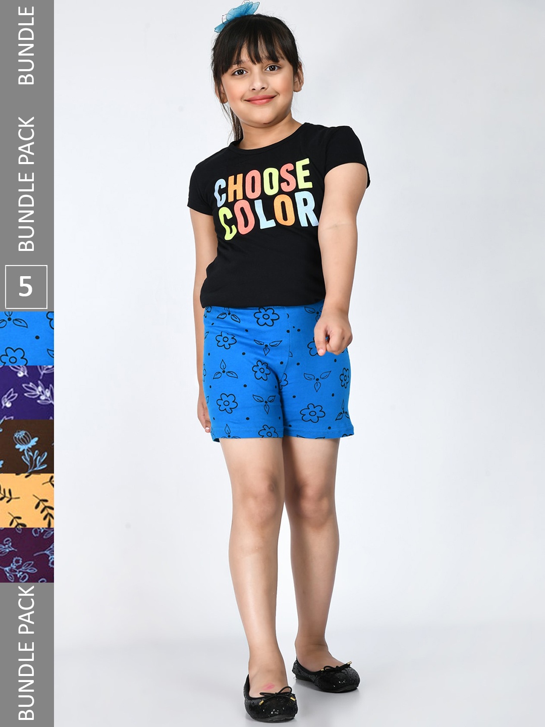 

IndiWeaves Girls Pack Of 5 Floral Printed Pure Cotton Shorts, Blue