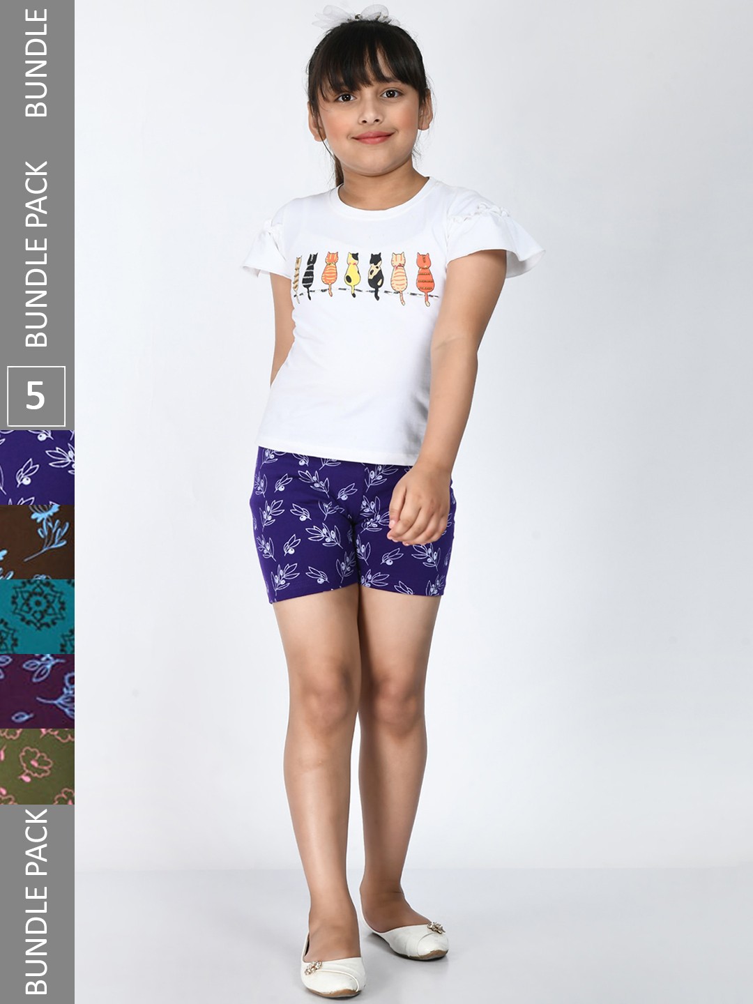 

IndiWeaves Girls Pack Of 5 Floral Printed Pure Cotton Shorts, Blue