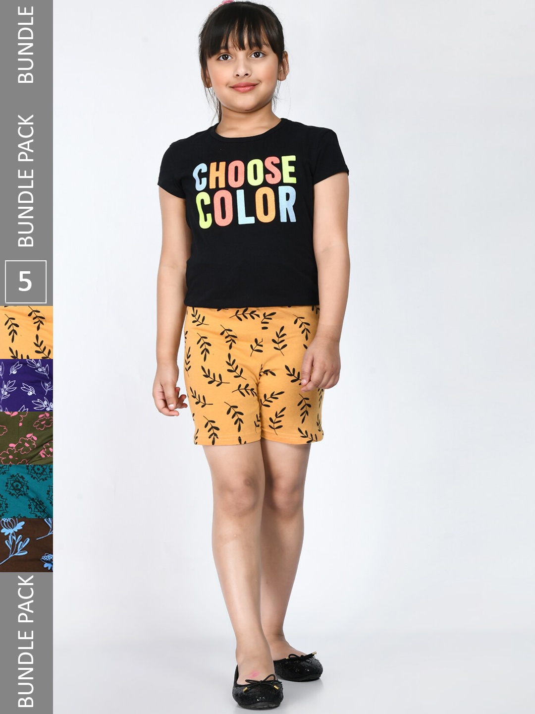

IndiWeaves Girls Pack Of 5 Floral Printed Mid Rise Knitted Pure Cotton Shorts, Yellow