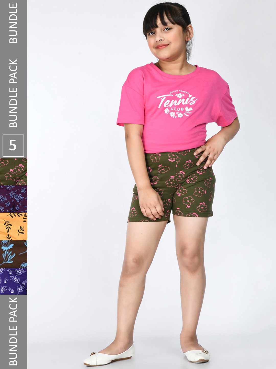 

IndiWeaves Girls Pack Of 5 Floral Printed Pure Cotton Shorts, Olive