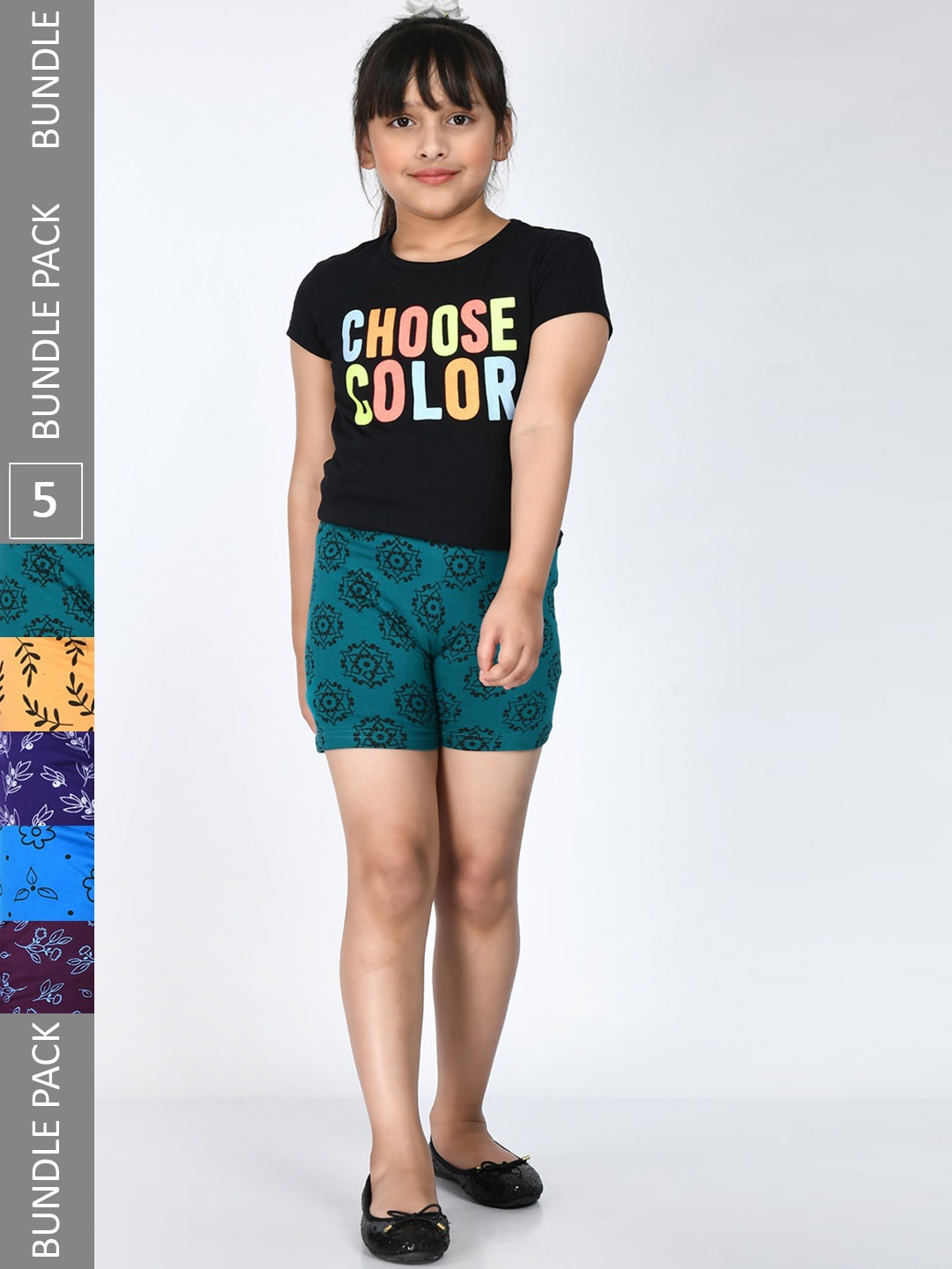 

IndiWeaves Girls Pack Of 5 Floral Printed Pure Cotton Shorts, Teal