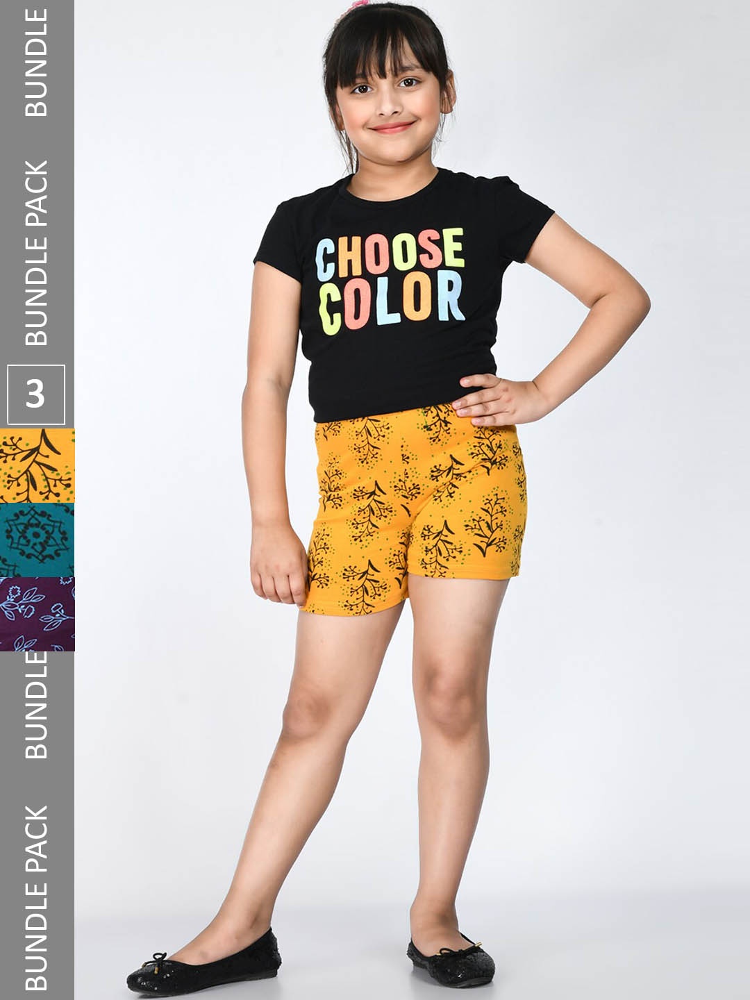 

IndiWeaves Girls Pack Of 3 Floral Printed Pure Cotton Shorts, Yellow