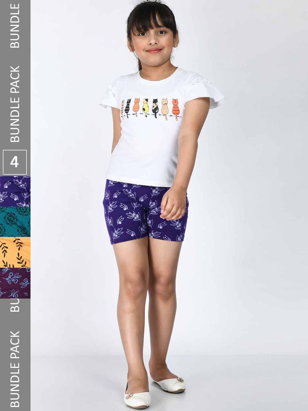 

IndiWeaves Girls Pack Of 4 Floral Printed Pure Cotton Shorts, Blue