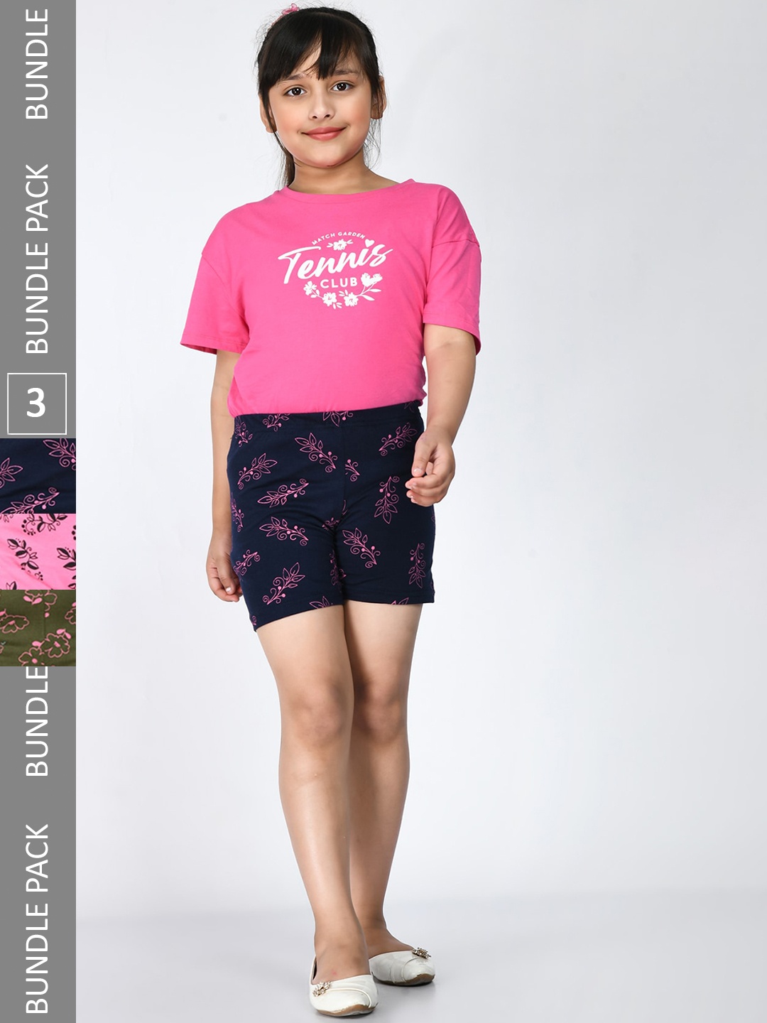 

IndiWeaves Girls Pack Of 3 Floral Printed Pure Cotton Shorts, Navy blue