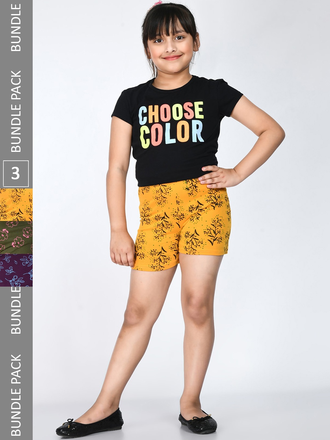 

IndiWeaves Girls Pack Of 3 Printed Pure Cotton Shorts, Yellow