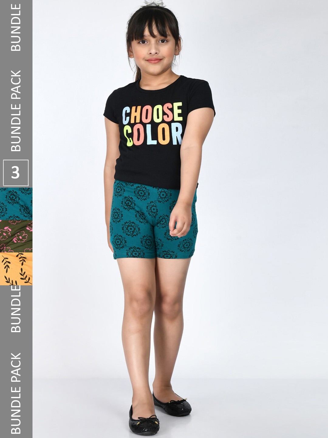 

IndiWeaves Girls Pack Of 3 Printed Pure Cotton Shorts, Green