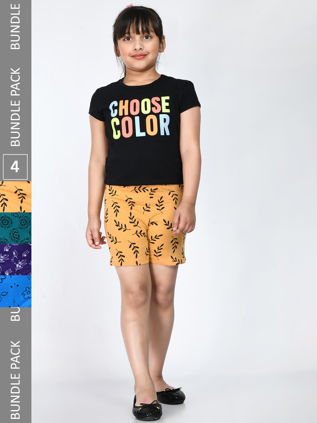 

IndiWeaves Girls Pack Of 4 Printed Pure Cotton Shorts, Yellow