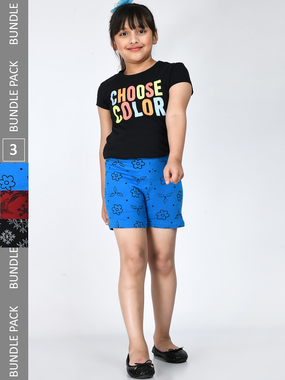 

IndiWeaves Girls Pack Of 3 Printed Pure Cotton Shorts, Blue