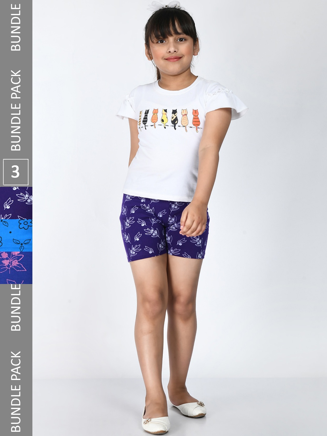 

IndiWeaves Girls Pack Of 3 Printed Pure Cotton Shorts, Navy blue