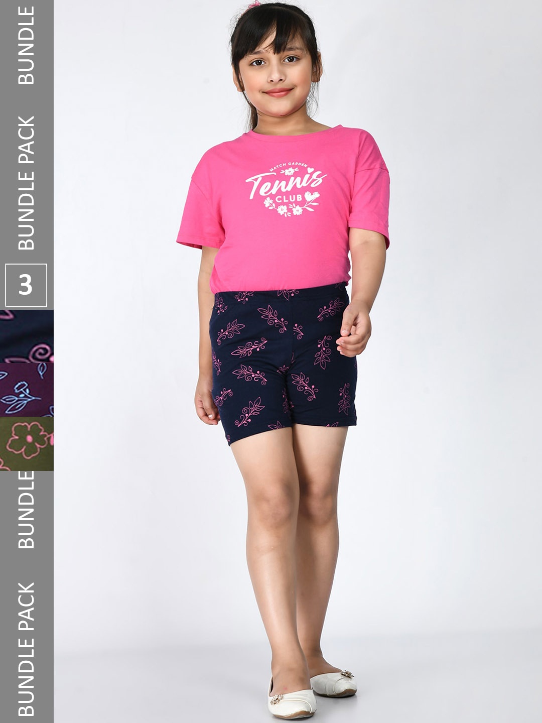 

IndiWeaves Girls Pack Of 3 Floral Printed Mid-Rise Pure Cotton Shorts, Navy blue