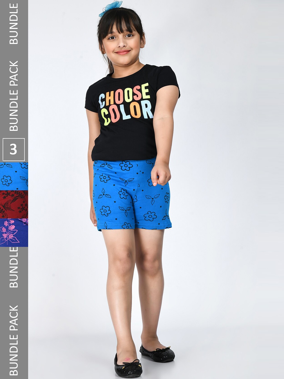 

IndiWeaves Girls Pack Of 3 Floral Printed Mid Rise Knitted Pure Cotton Shorts, Blue