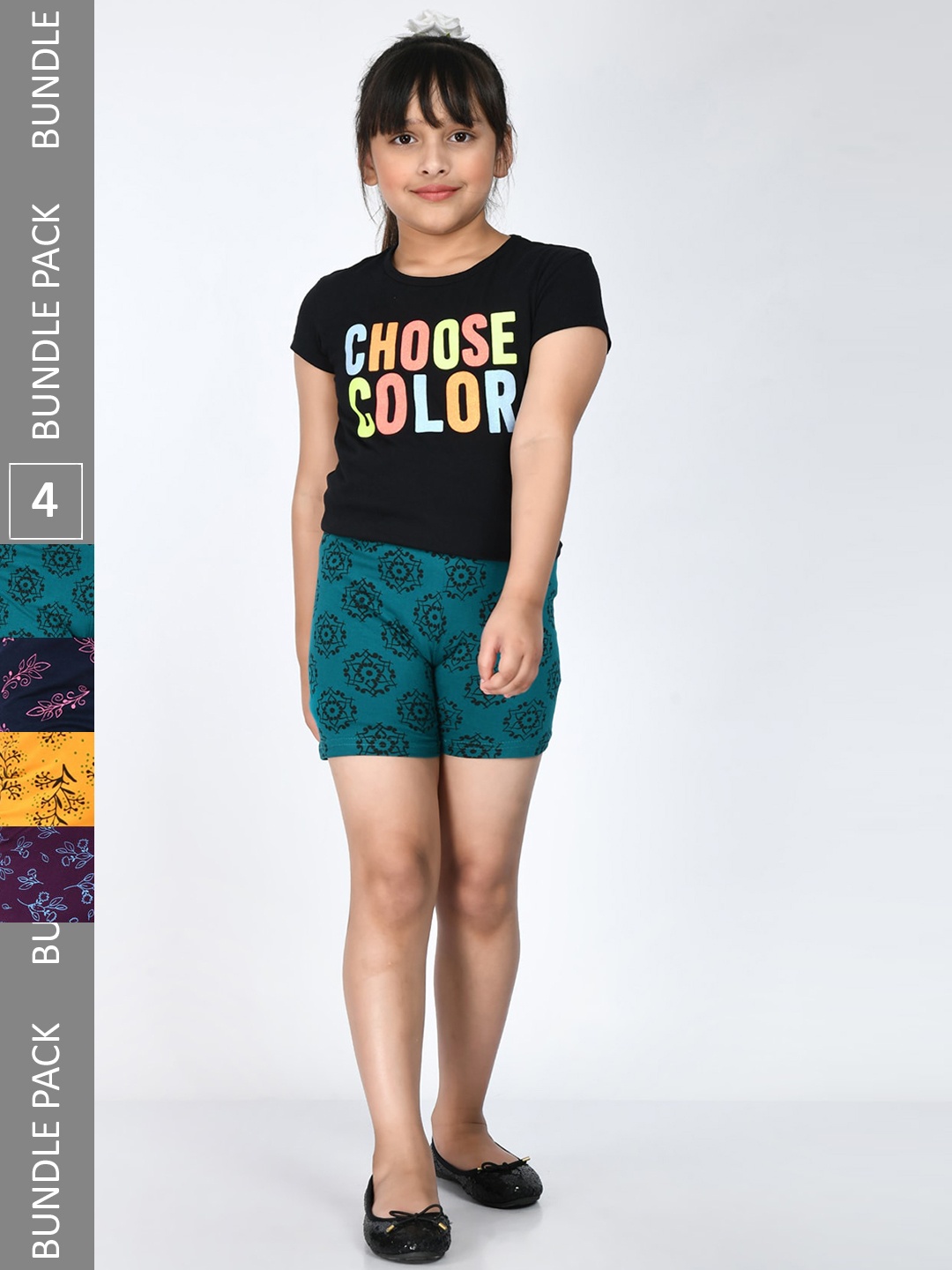 

IndiWeaves Girls Pack Of 4 Floral Printed Mid-Rise Pure Cotton Shorts, Black