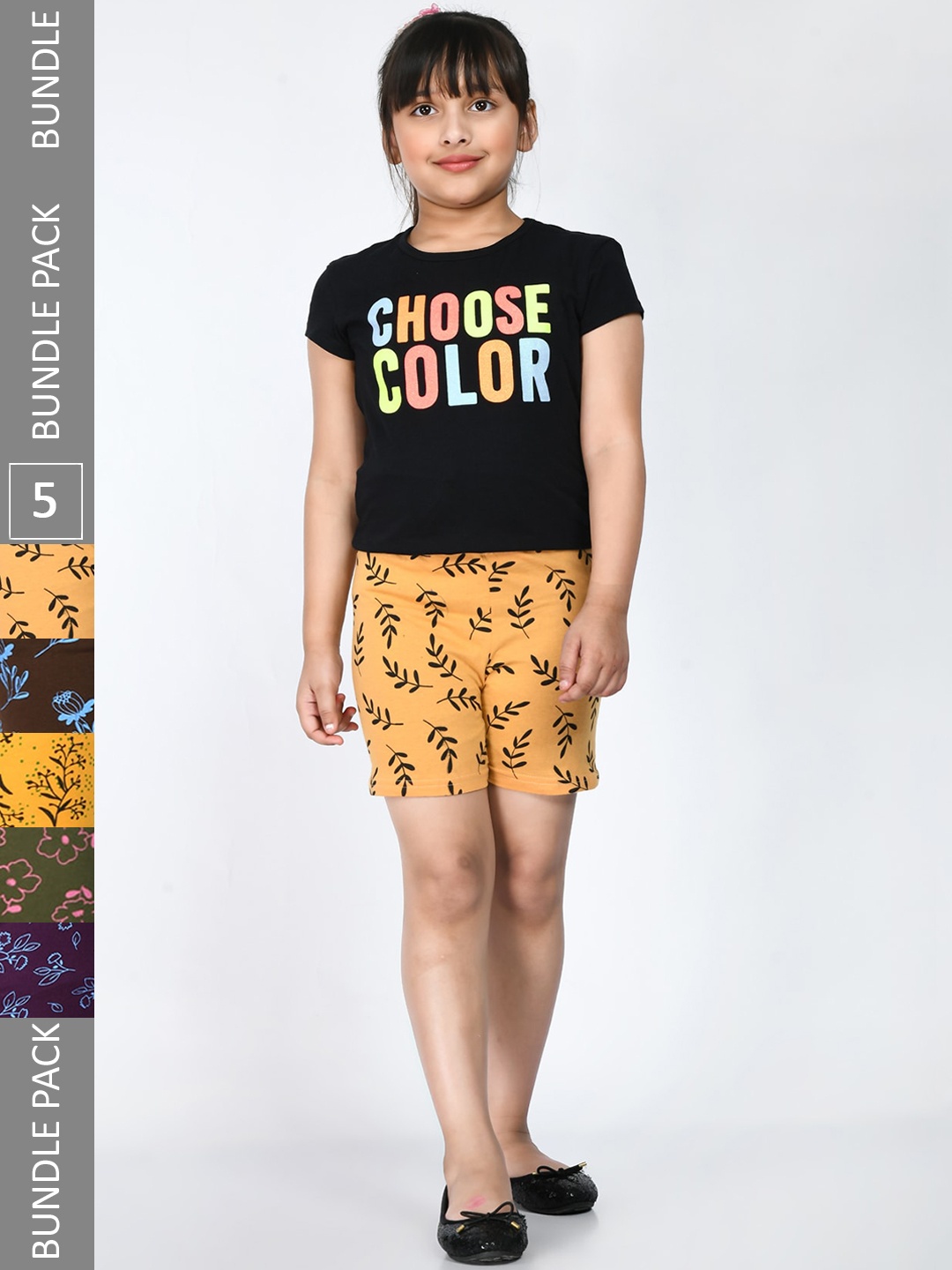 

IndiWeaves Girls Pack Of 5 Floral Printed Mid-Rise Pure Cotton Shorts, Yellow
