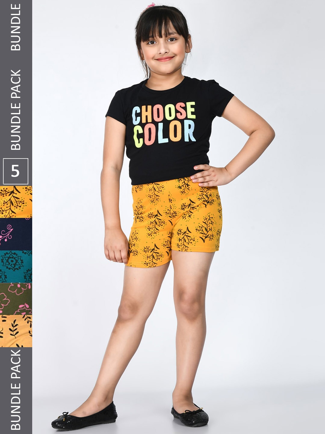 

IndiWeaves Girls Pack Of 5 Floral Printed Mid-Rise Pure Cotton Shorts, Yellow