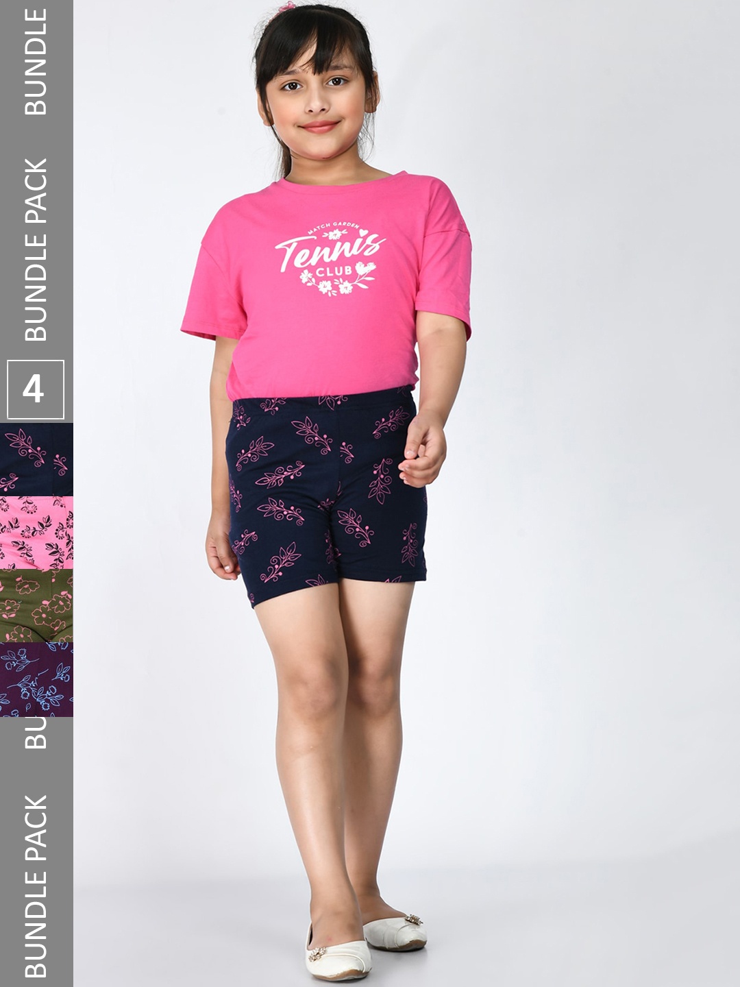 

IndiWeaves Girls Pack Of 4 Floral Printed Mid-Rise Pure Cotton Shorts, Navy blue