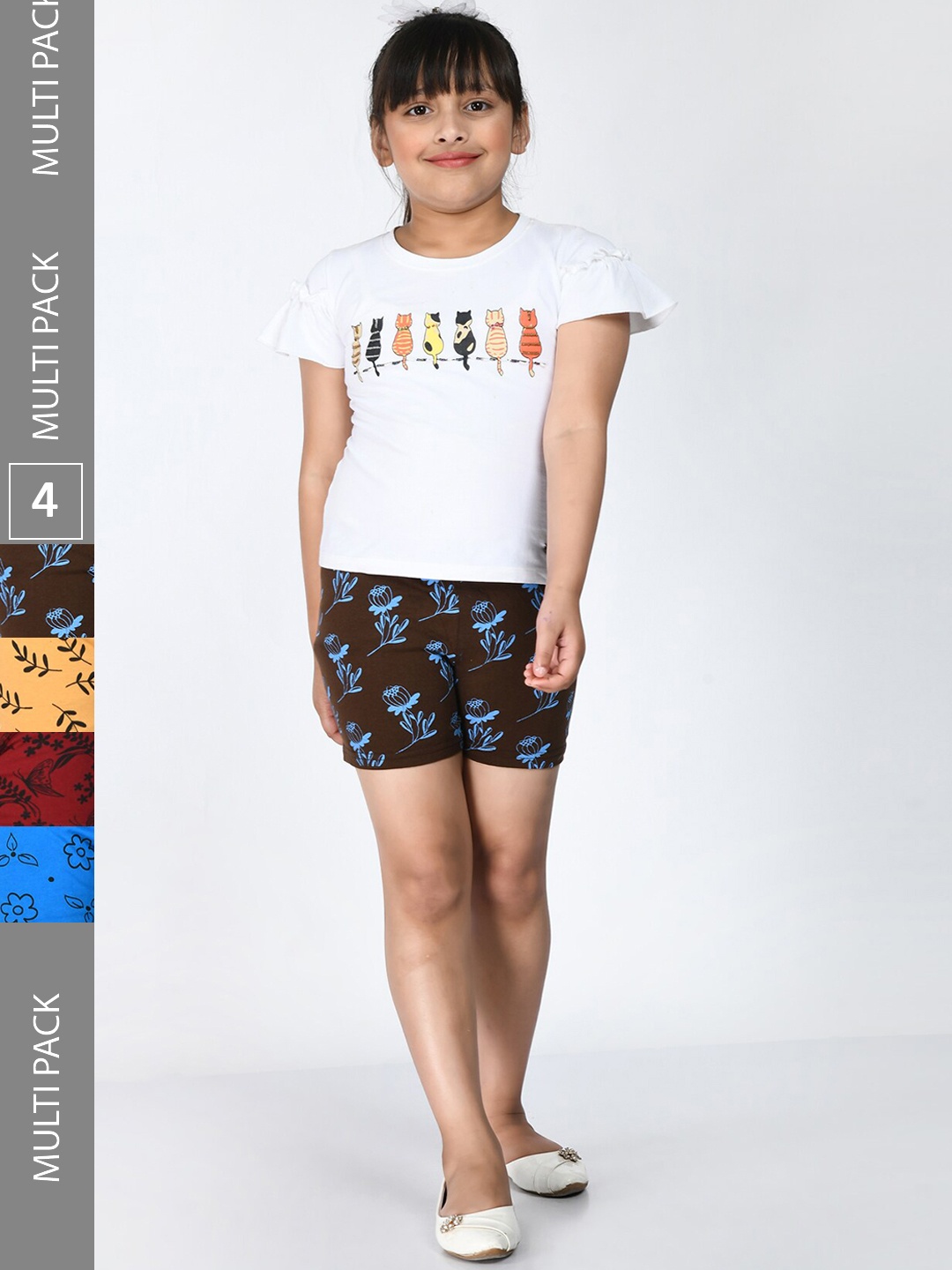 

IndiWeaves Girls Pack Of 4 Printed Pure Cotton Shorts, Blue