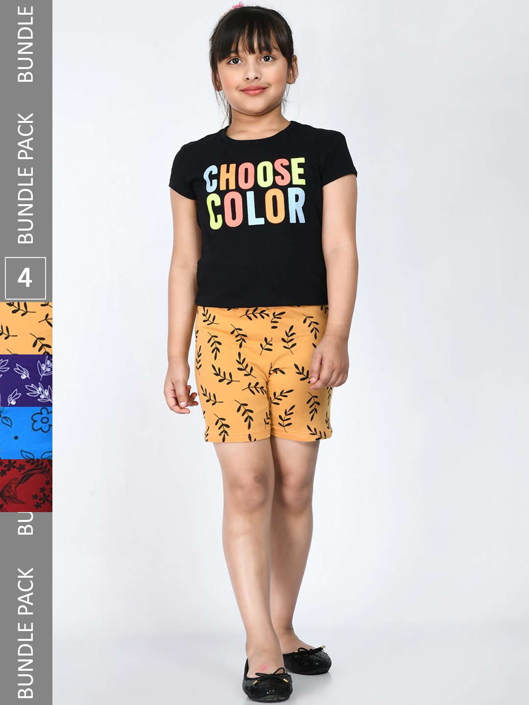 

IndiWeaves Girls Pack Of 4 Floral Printed Mid-Rise Pure Cotton Shorts, Yellow
