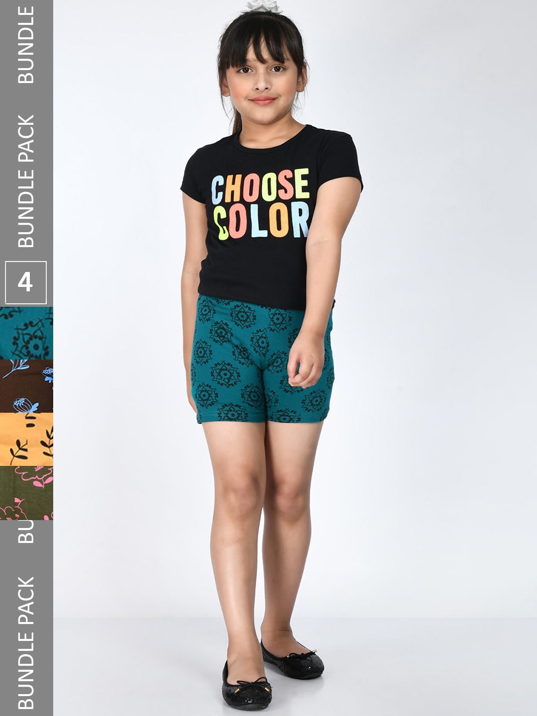 

IndiWeaves Girls Pack Of 4 Floral Printed Mid Rise Knitted Pure Cotton Shorts, Teal