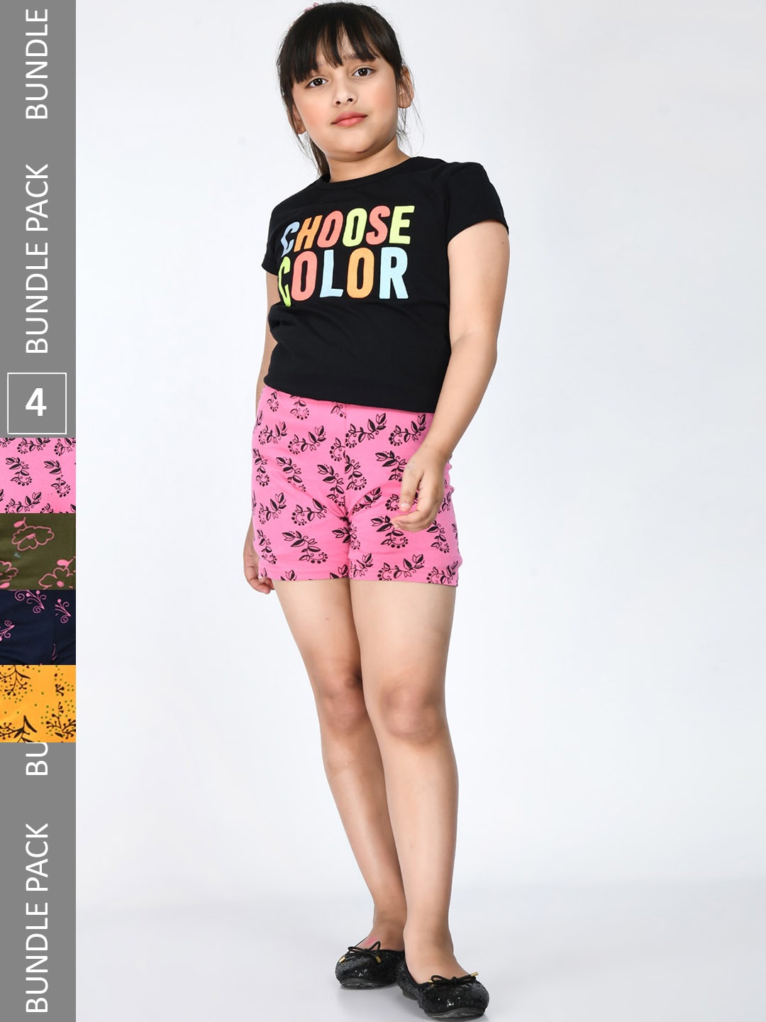 

IndiWeaves Girls Pack Of 4 Floral Printed Pure Cotton Shorts, Pink