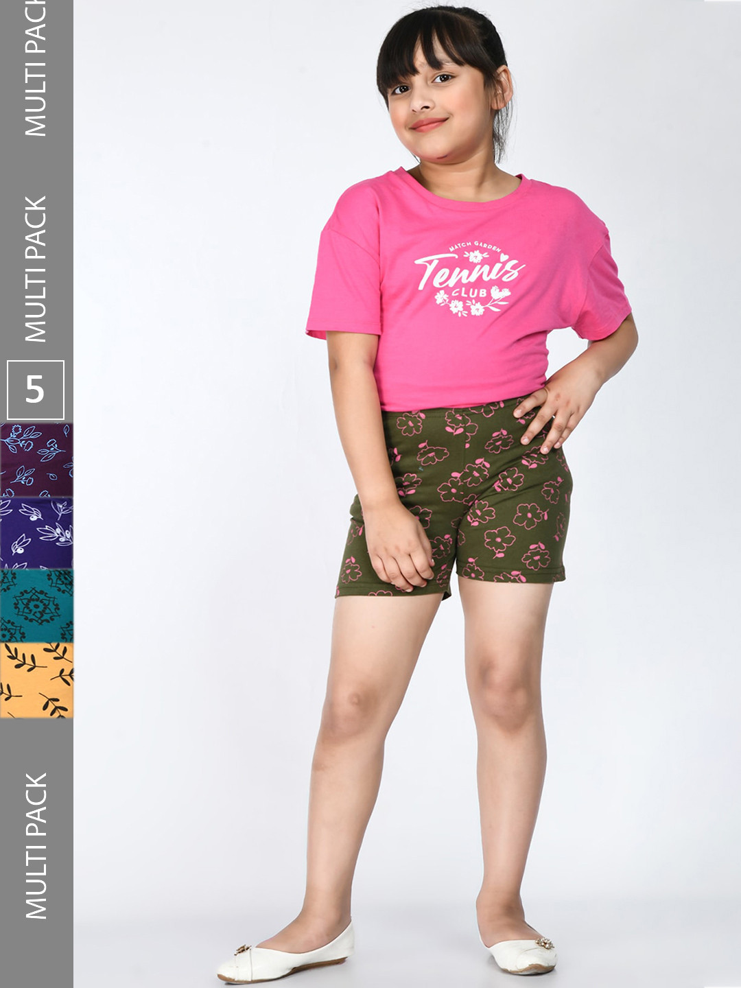 

IndiWeaves Girls Pack Of 5 Floral Printed Pure Cotton Shorts, Olive