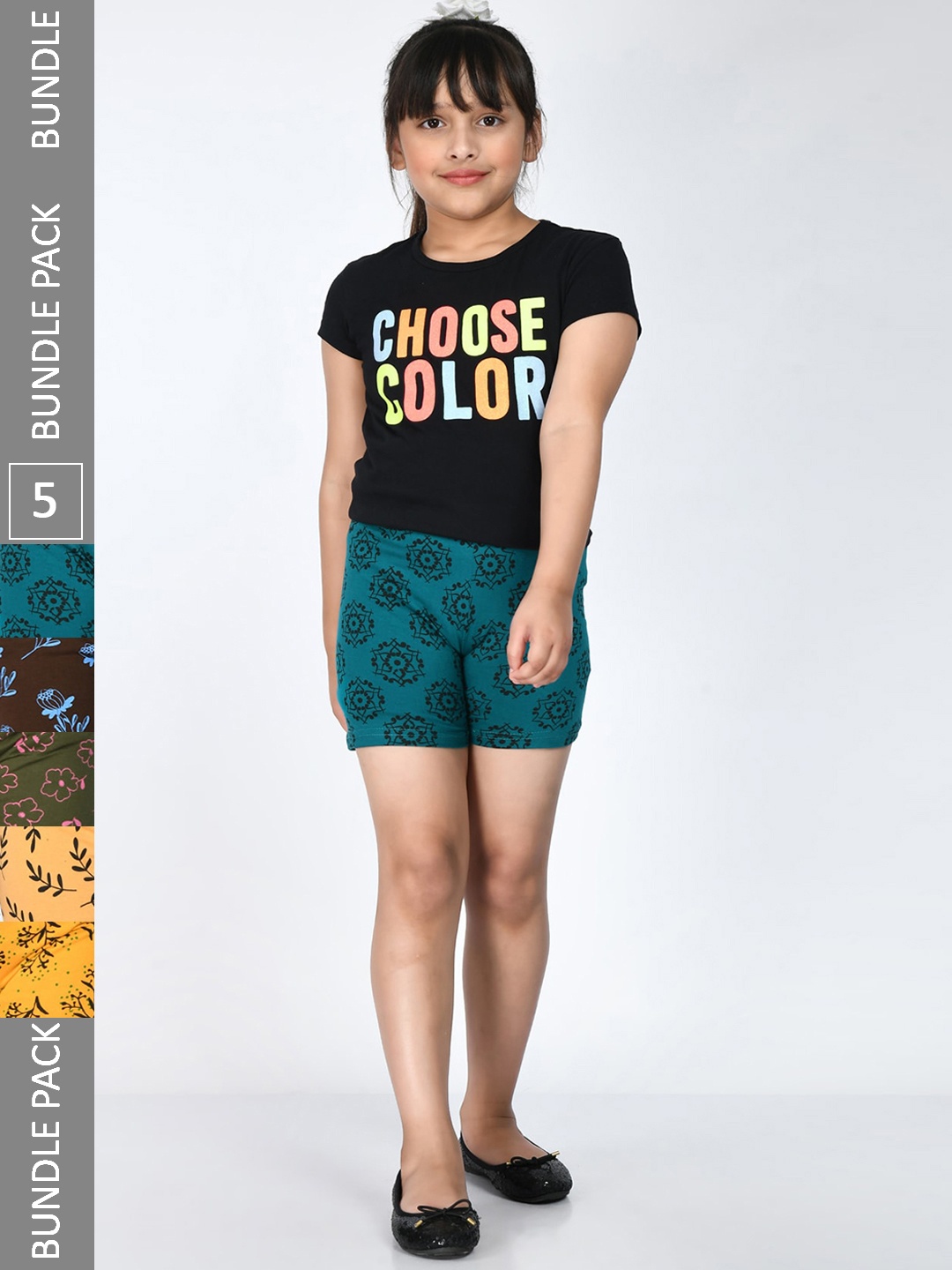

IndiWeaves Girls Pack Of 5 Floral Printed Pure Cotton Shorts, Teal