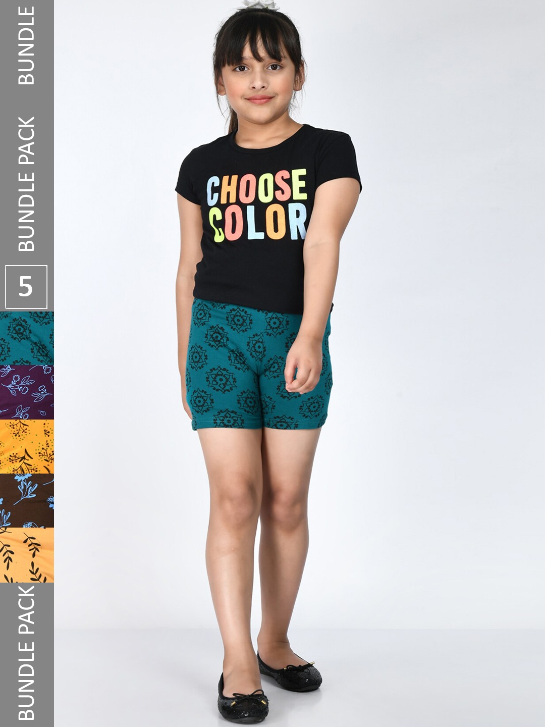 

IndiWeaves Girls Pack Of 5 Floral Printed Mid Rise Knitted Pure Cotton Shorts, Teal