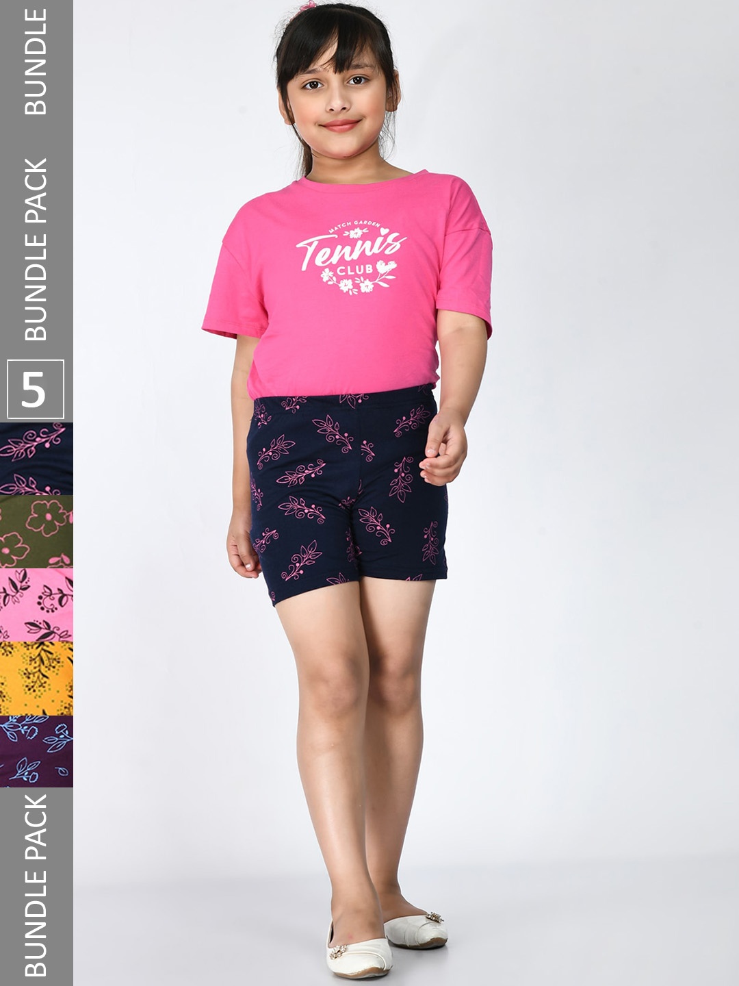 

IndiWeaves Girls Pack Of 5 Floral Printed Pure Cotton Shorts, Navy blue