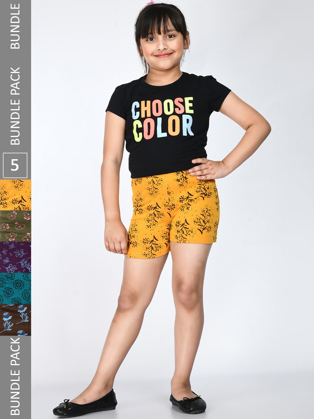 

IndiWeaves Girls Pack Of 5 Floral Printed Pure Cotton Shorts, Mustard