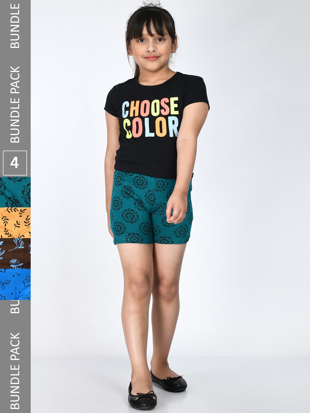 

IndiWeaves Girls Pack Of 4 Floral Printed Pure Cotton Shorts, Green