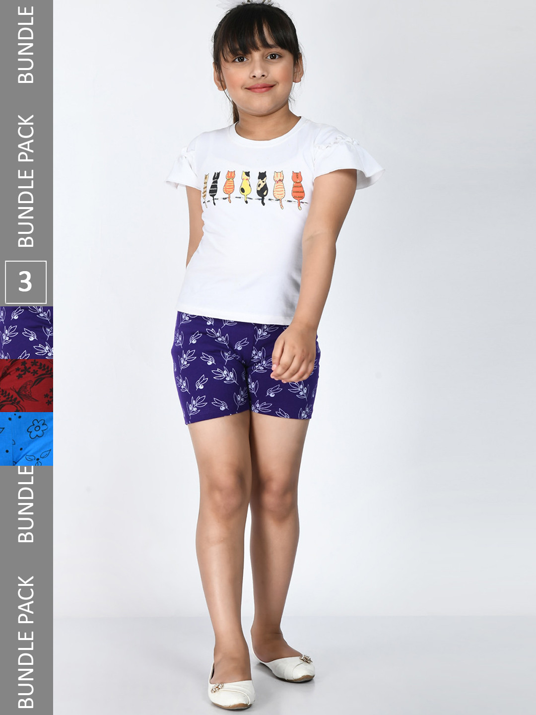 

IndiWeaves Girls Pack Of 3 Floral Printed Pure Cotton Shorts, Navy blue