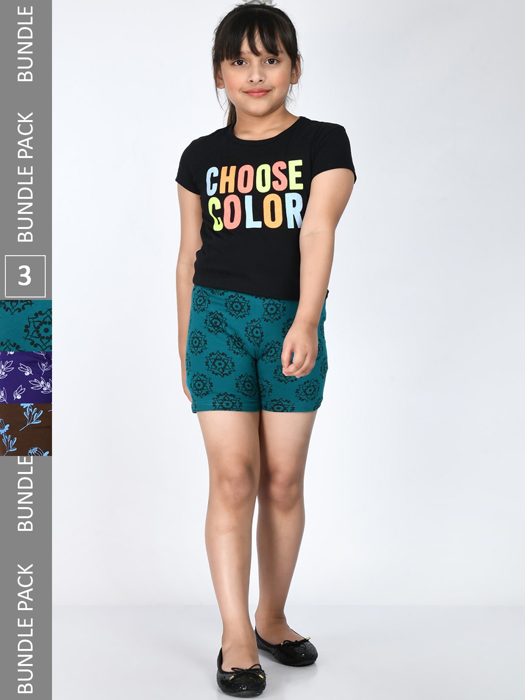 

IndiWeaves Girls Pack Of 3 Floral Printed Pure Cotton Shorts, Teal