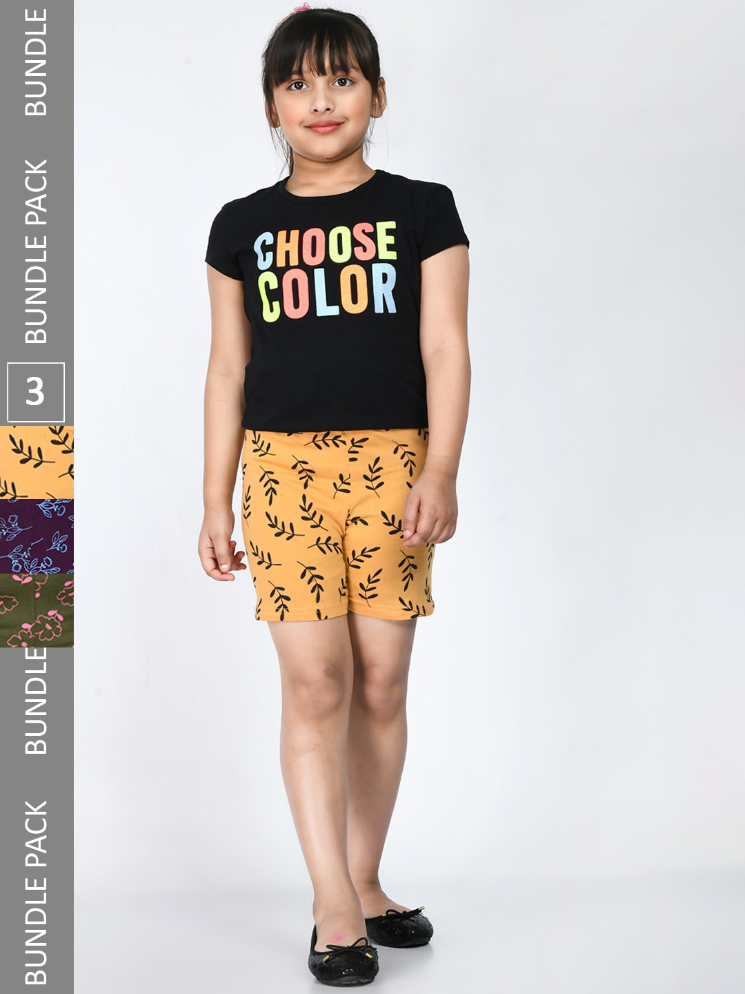 

IndiWeaves Girls Pack Of 3 Floral Printed Pure Cotton Shorts, Yellow
