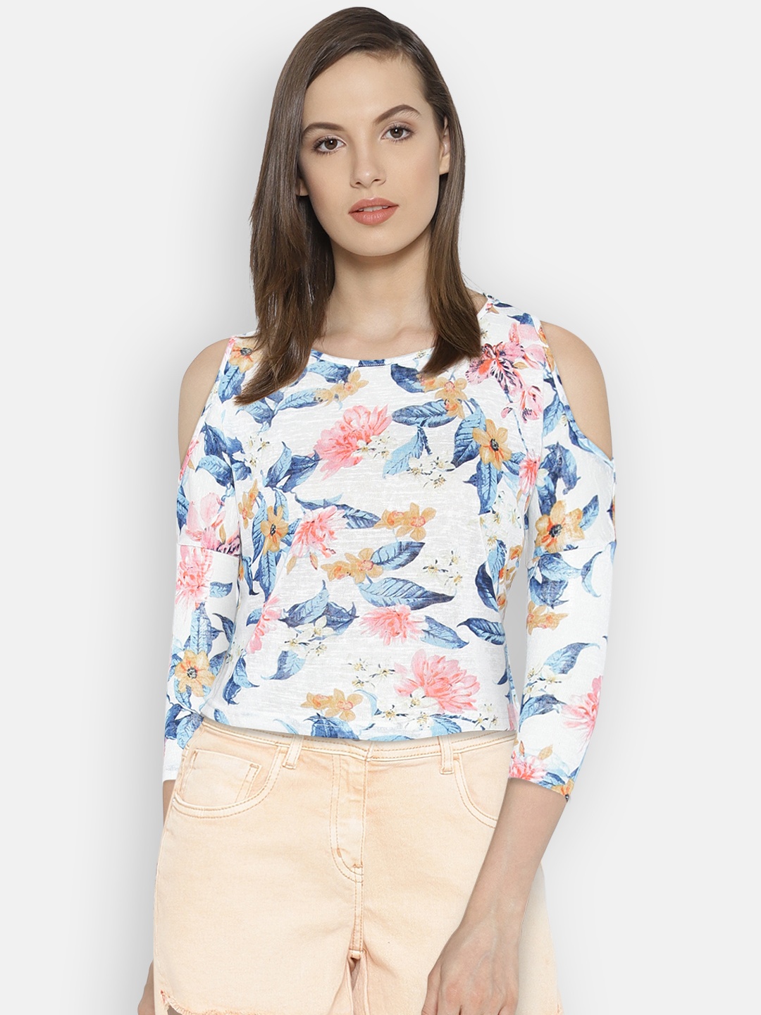 

AND Women White & Blue Printed Boxy Top