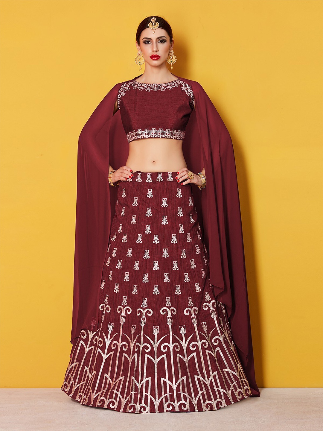 

ODETTE Embroidered Thread Work Semi-Stitched Lehenga & Unstitched Blouse With Dupatta, Maroon