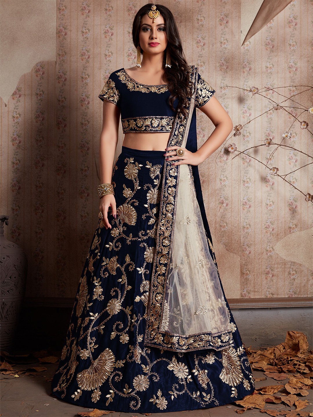 

ODETTE Embroidered Semi-Stitched Lehenga & Unstitched Blouse With Dupatta, Blue