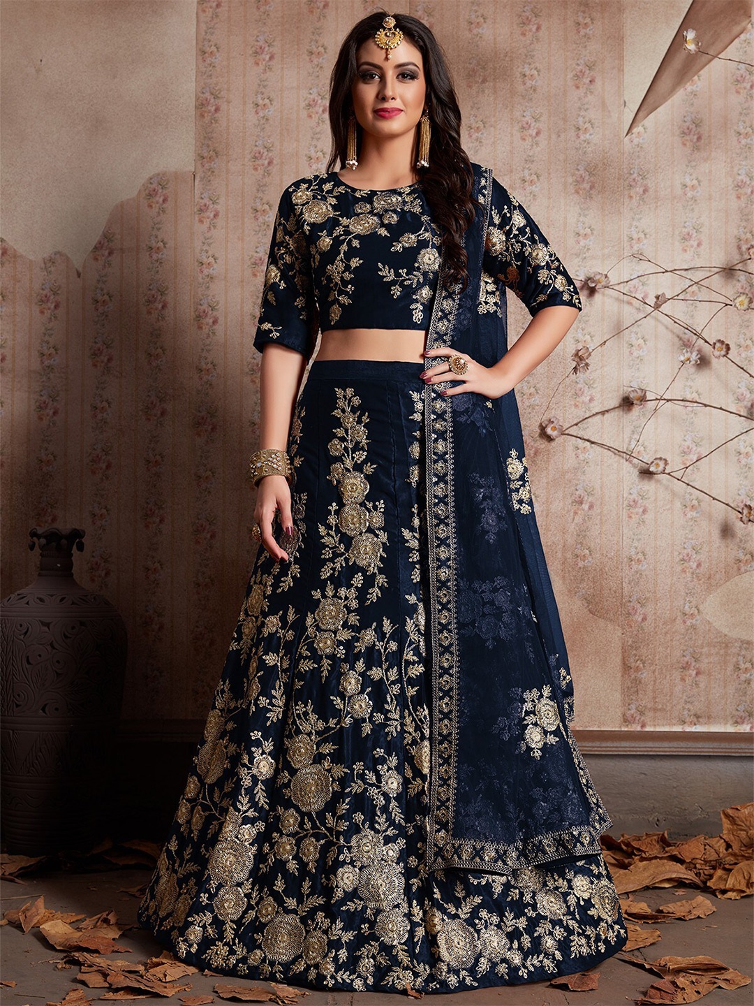 

ODETTE Embroidered Semi-Stitched Lehenga & Unstitched Blouse With Dupatta, Blue