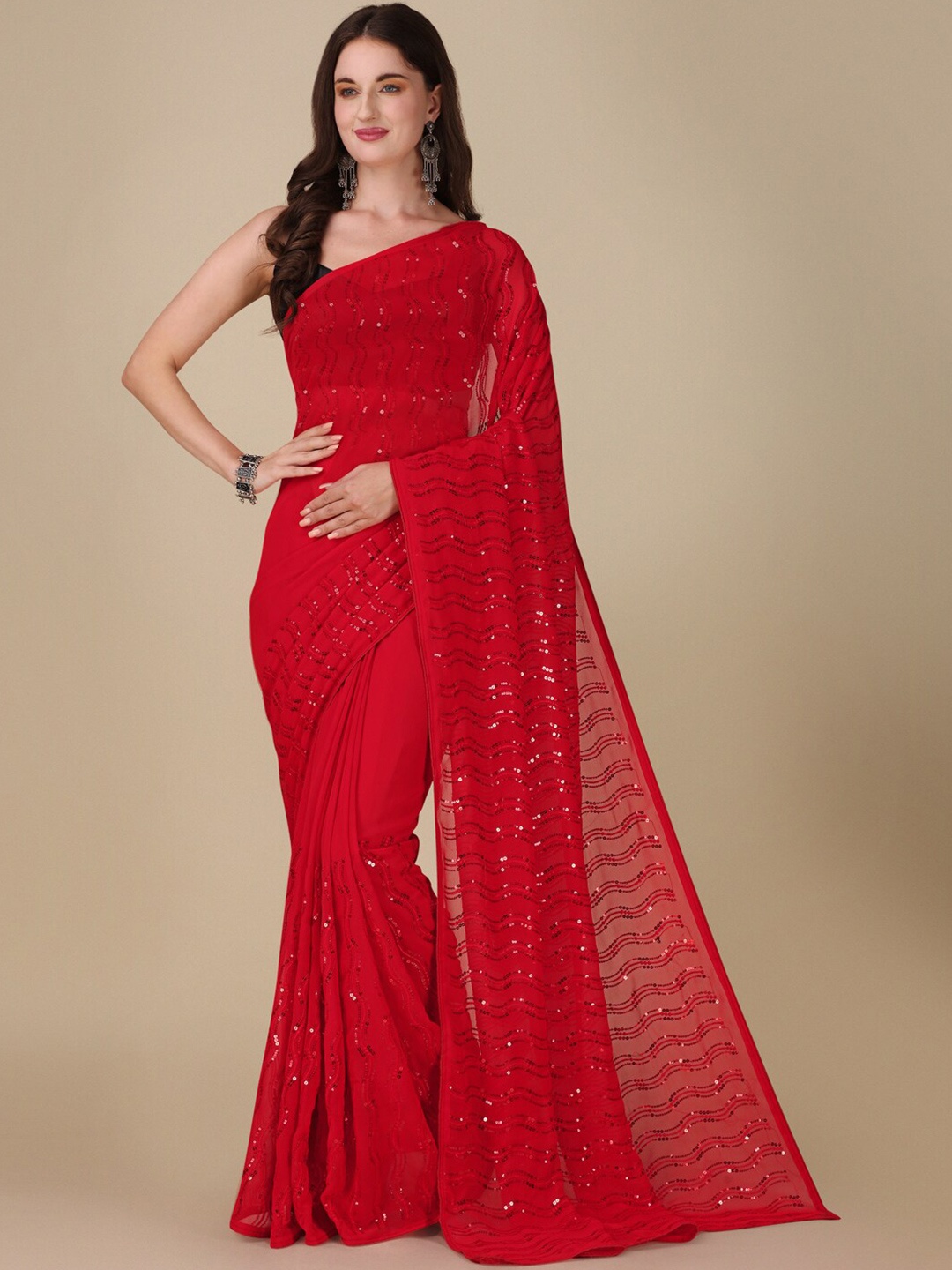 

VILLAGIUS Embellished Sequinned Pure Georgette Saree, Red