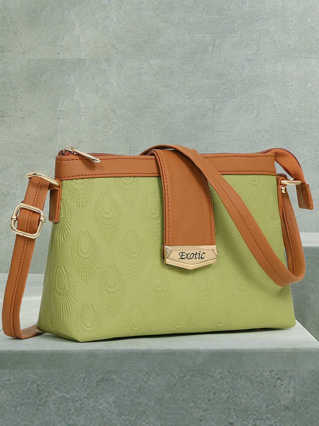 

Exotic Textured Structured Sling Bag, Lime green