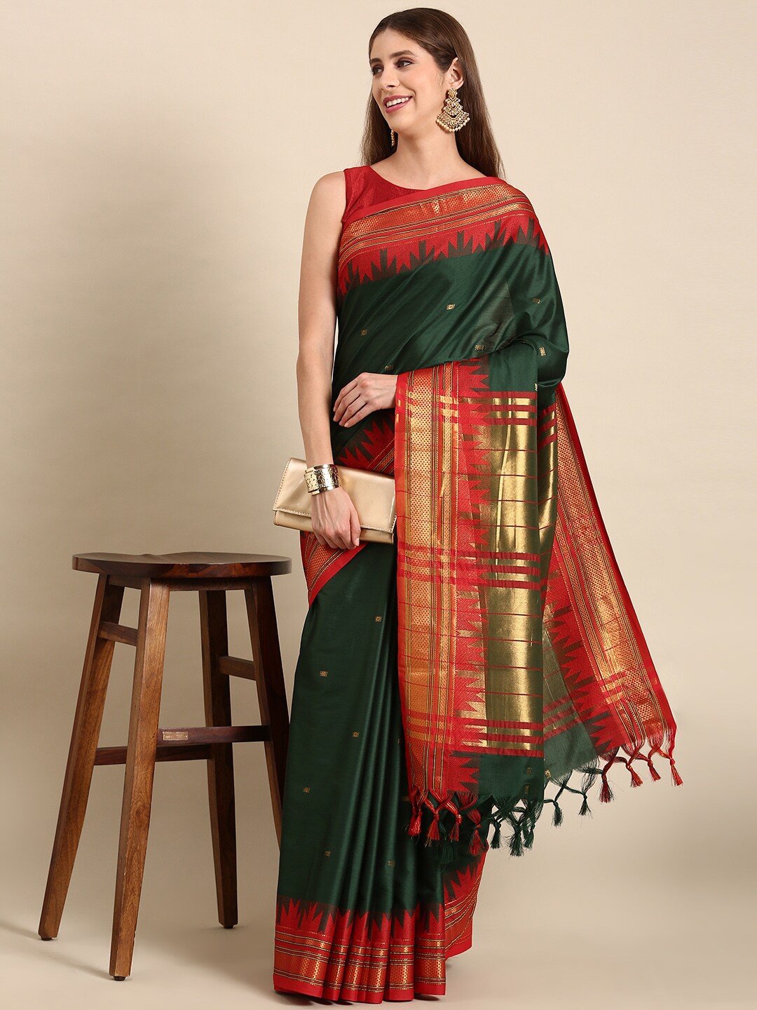 

Anouk Ethnic Motif Woven Design Silk Blend Kanjeevaram Zari Saree, Green