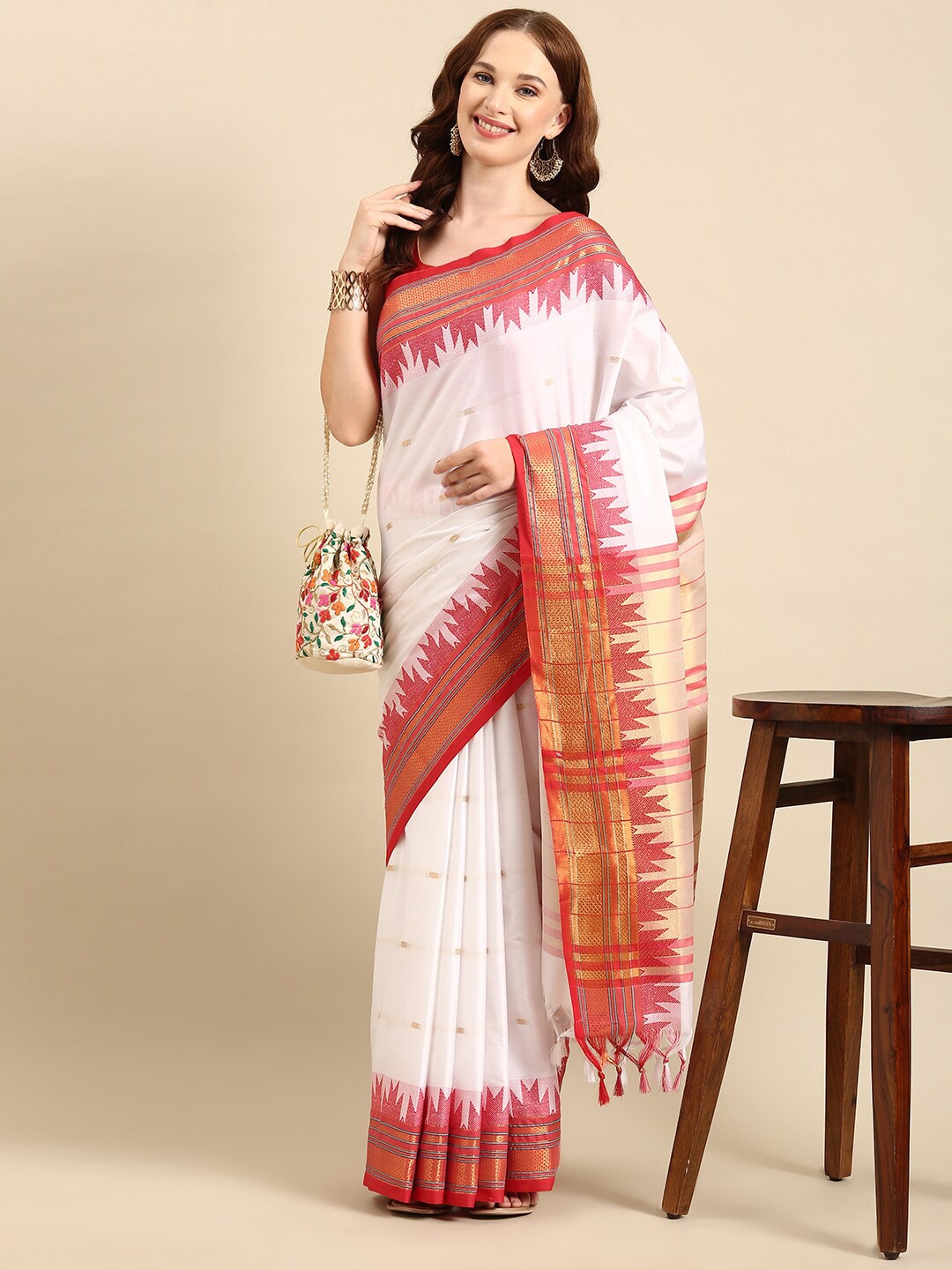 

Anouk Ethnic Motif Woven Design Silk Blend Kanjeevaram Zari Saree, White