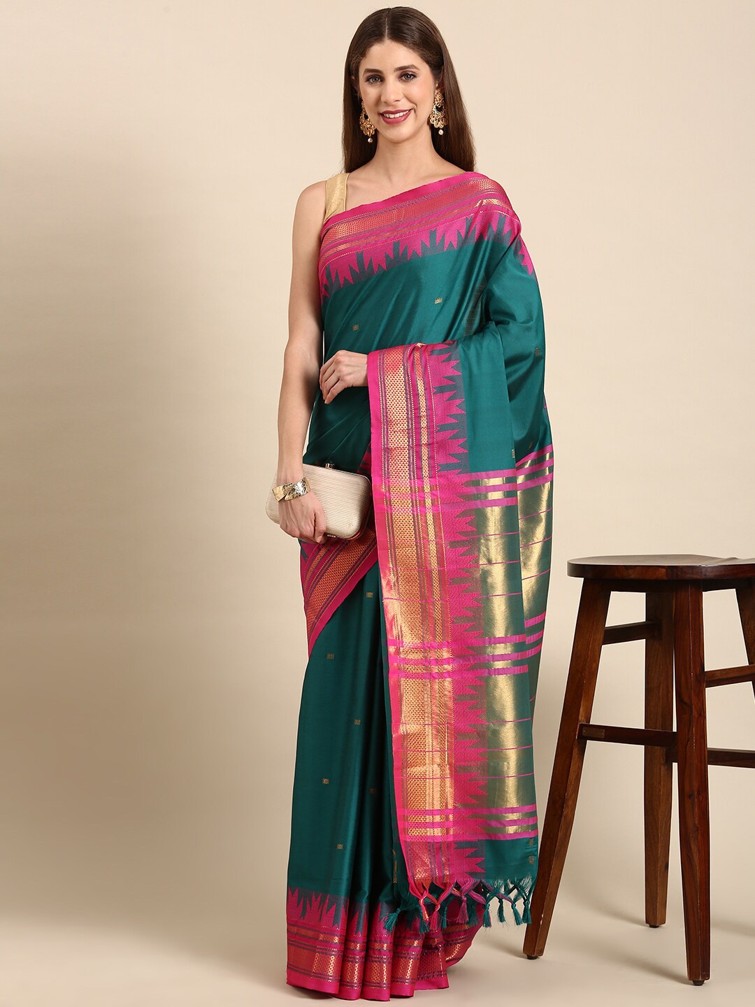 

Anouk Ethnic Motif Woven Design Silk Blend Kanjeevaram Zari Saree, Teal