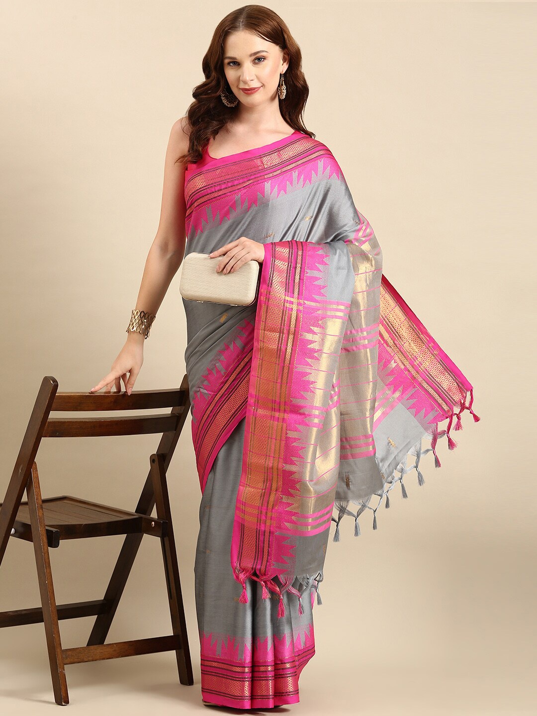 

Anouk Ethnic Motif Woven Design Silk Blend Kanjeevaram Zari Saree, Grey