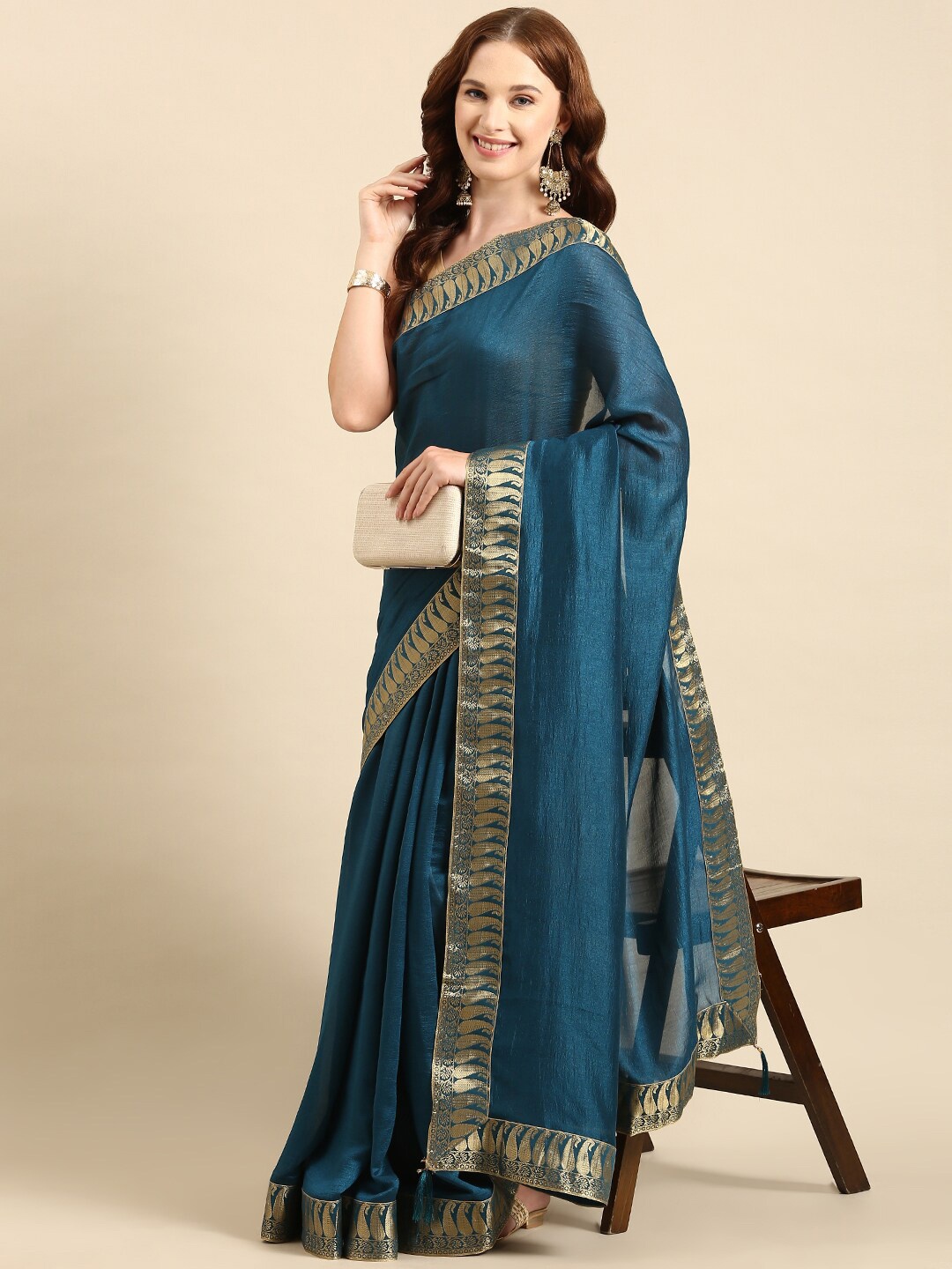 

Anouk Paisley Woven Design Cotton Blend Zari Saree With Blouse Piece, Teal