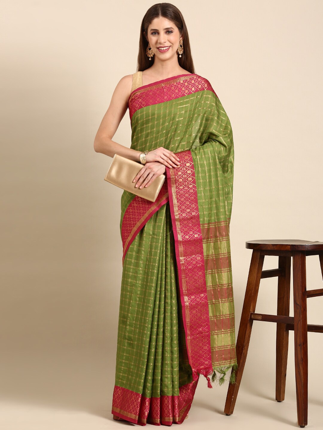 

Anouk Checked Zari Silk Blend Kanjeevaram Saree With Blouse Piece, Green