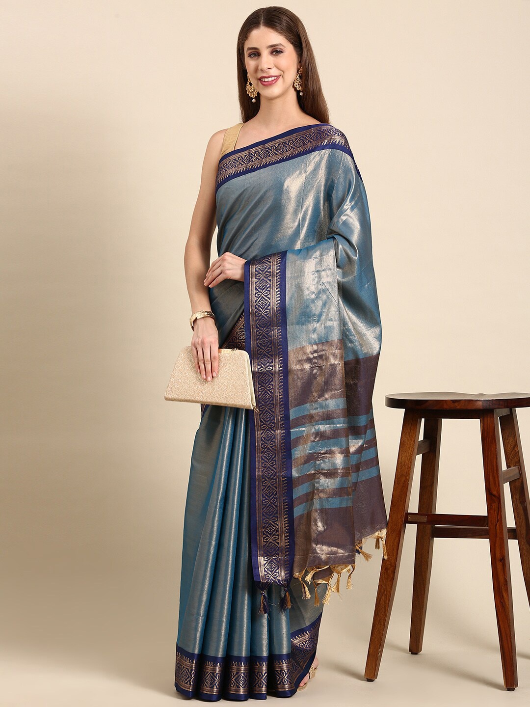 

Anouk Ethnic Motif Woven Design Zari Silk Blend Kanjeevaram Saree, Blue