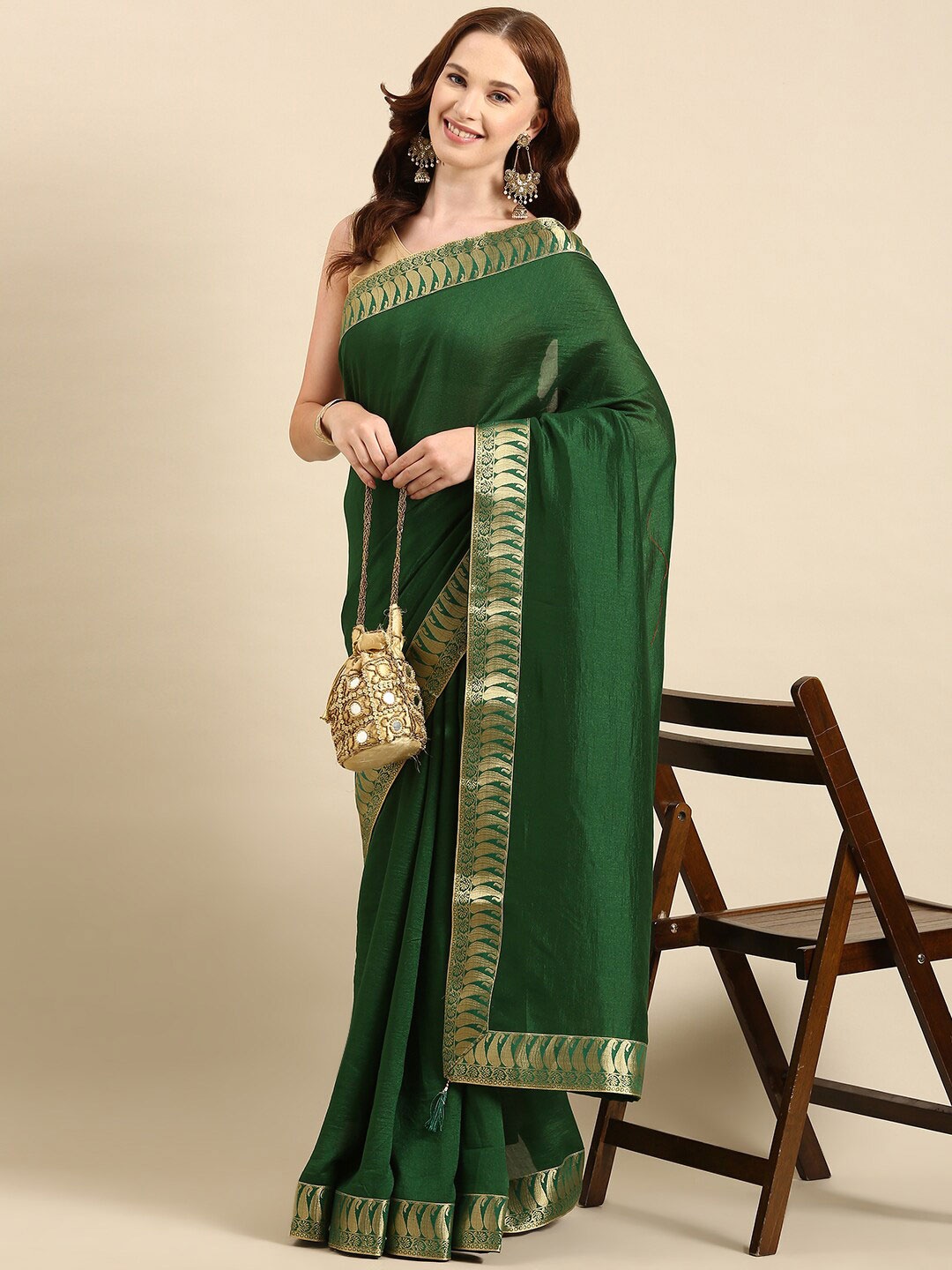 

Anouk Paisley Woven Design Cotton Blend Zari Saree With Blouse Piece, Green