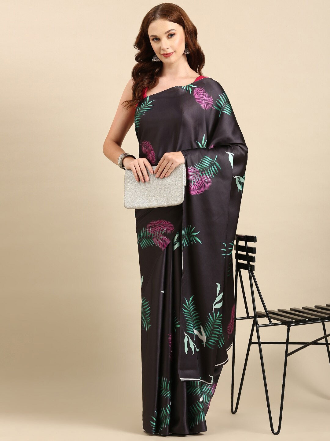 

Anouk Floral Print Satin Saree With Blouse Piece, Black