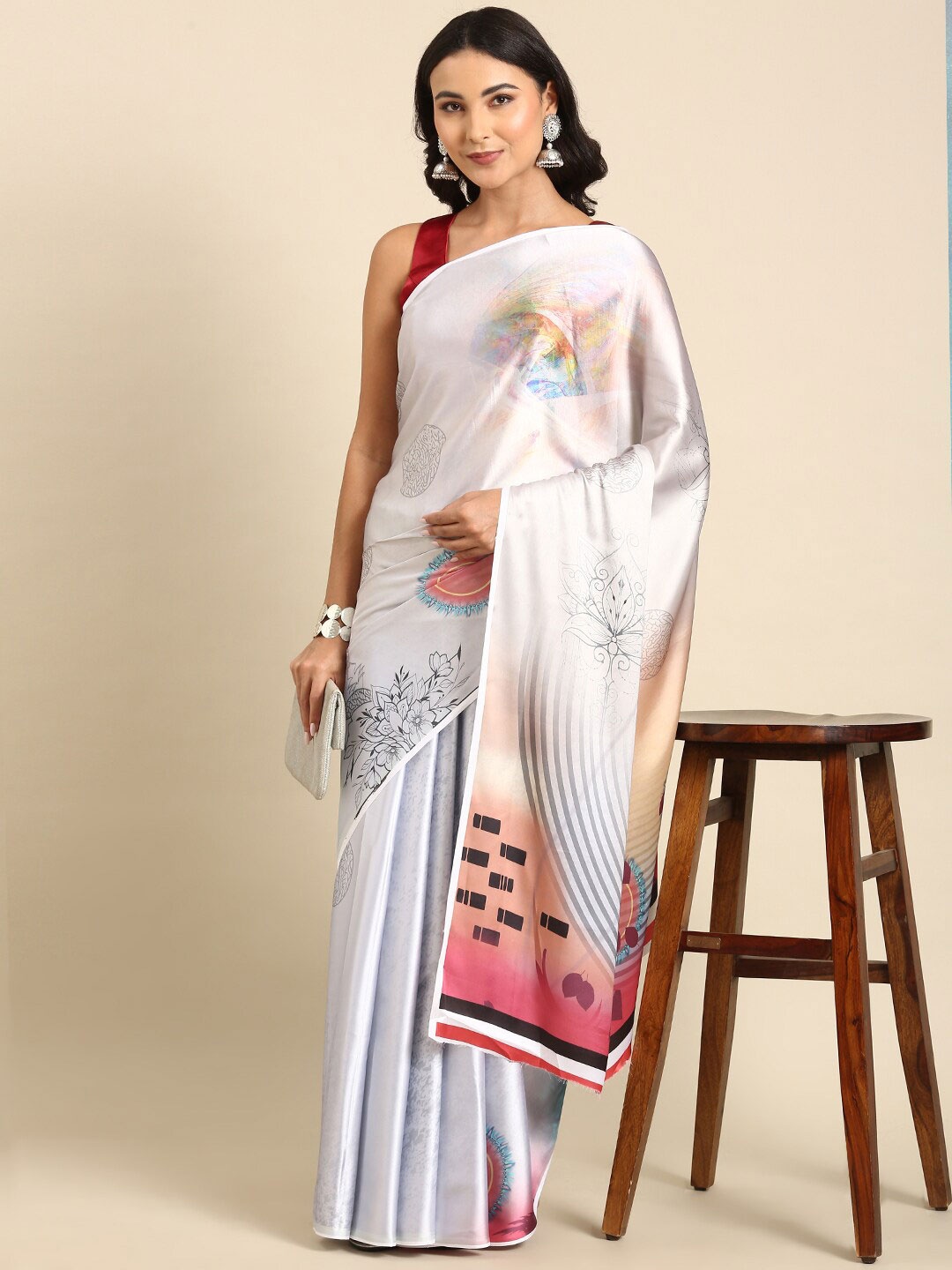 

Anouk Abstract Print Satin Saree With Blouse Piece, Grey