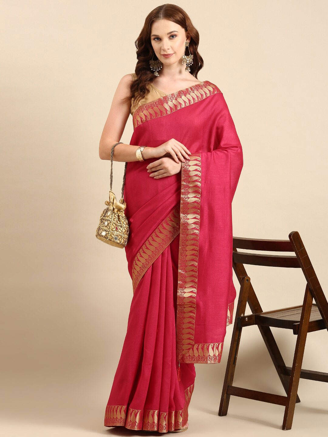 

Anouk Paisley Woven Design Cotton Blend Zari Saree With Blouse Piece, Pink